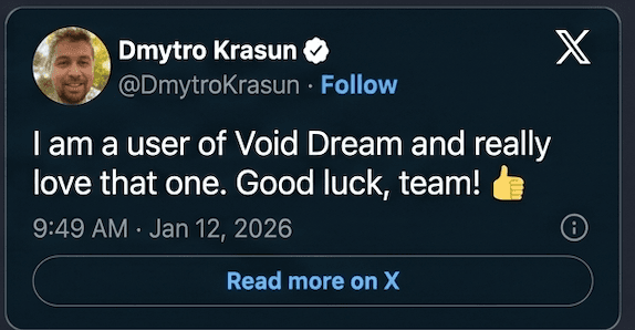 Dmytro Krasun on X recommends Void Dream